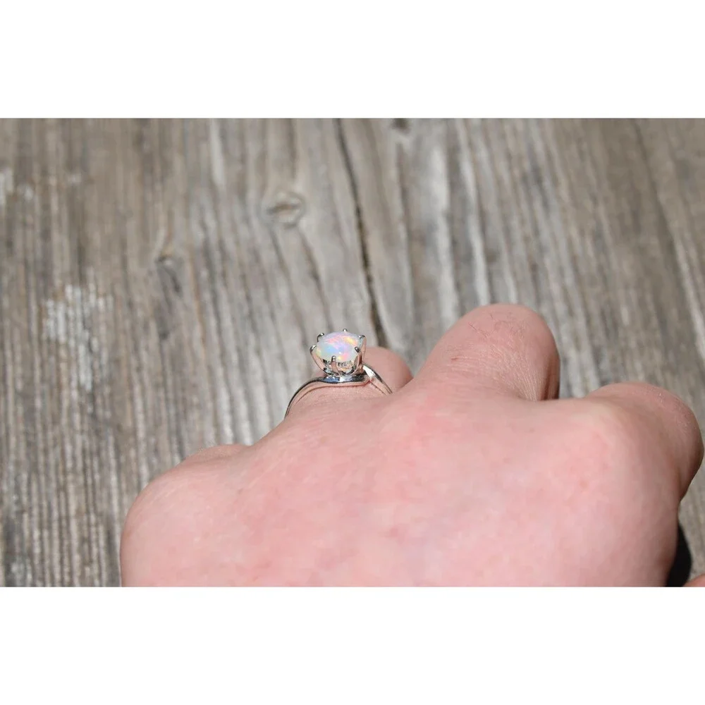 Natural Ethiopian Opal Ring in Sterling Silver Pear Cut Iridescent Gemstone Ring